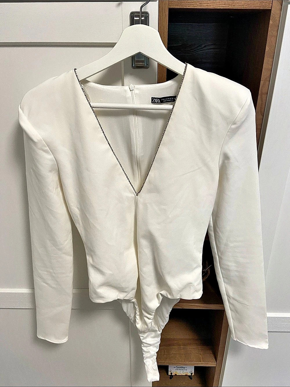 Zara Lace-Trimmed Rhinestone Bodysuit White Long Sleeve